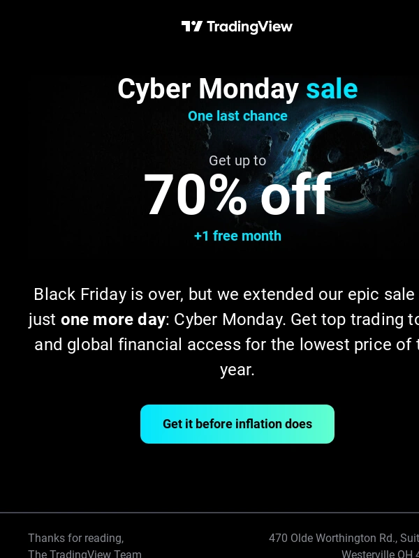 TradingView - Cyber Monday: one last chance to save 70% and get a free month on top