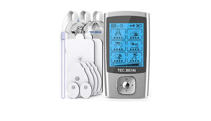 TEC.BEAN 24 Modes Tens Unit Muscle Stimulator, Rechargeable Tens Machine with 8 Electrode Pads (American Gel), Electric Pulse Massager for Pain Relief Therapy（Silver)