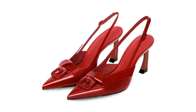 LACIKOSZ Red Slingback Kitten Heels for Women Closed Pointed Toe with Buckle Strap Patent Leather Low Heeled Sandals Pumps Party Evening Dress Shoes