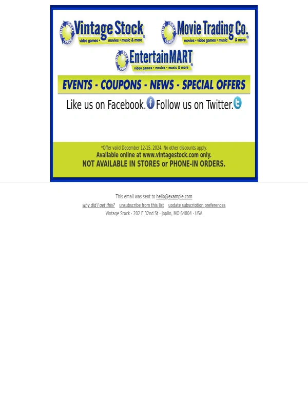 Vintage Stock - Dec 12-15! Online only: 33% off all pre-owned movies