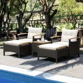 5-Piece Patio Conversation Set with Cushions, Coffee Table, & 2 Ottomans
