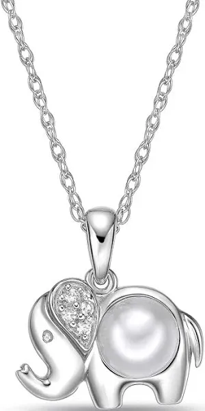 Sterling Silver Elephant Pendant Necklace with Freshwater Pearl and White Sapphires