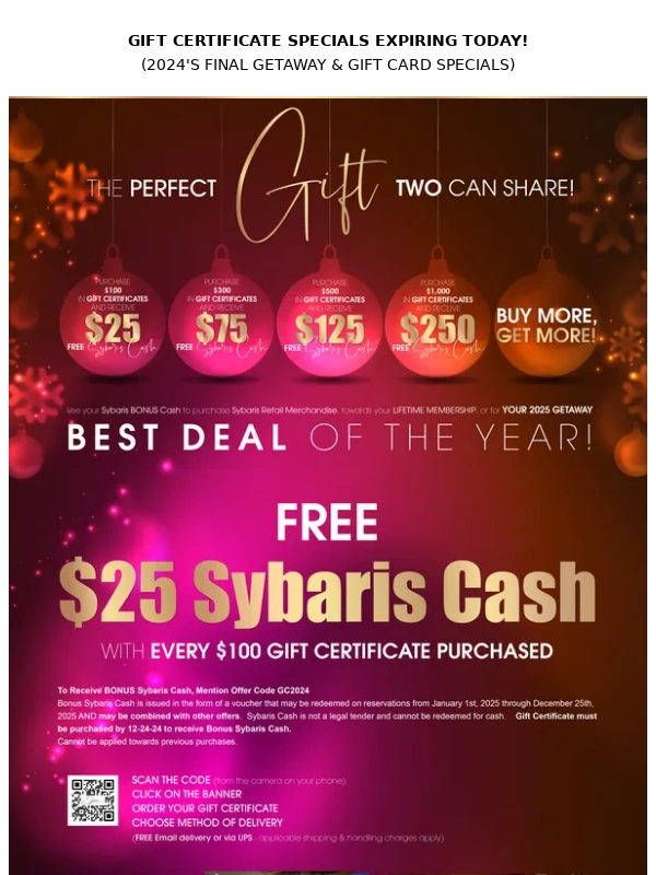 Sybaris - ? FINAL HOURS TO RECEIVE FREE SYBARIS CASH (eGift Card & Getaway Specials)