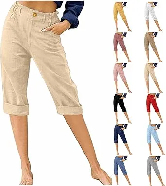 APIVOE Womens Cotton Linen Capri Pants Summer Plus Size Capris Casual Elastic Waist Capri Pants Wide Leg Lightweight Capris