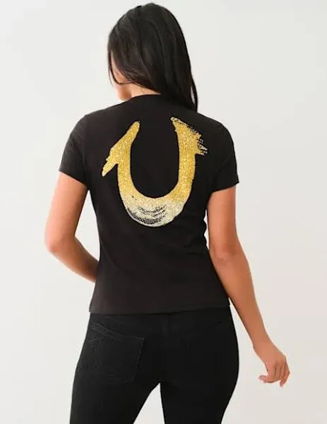 True Religion Women's Crystal Ombre Horseshoe V Neck T-Shirt