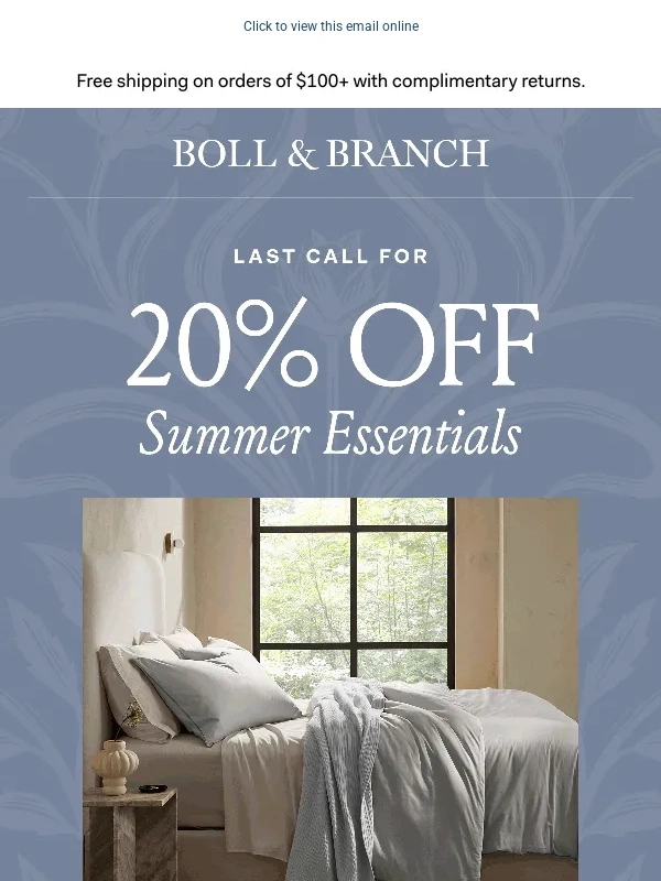 Boll & Branch - ? Last chance to shop 20% off