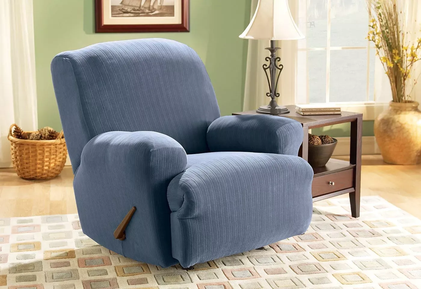 SureFit Stretch Pinstripe One Piece Recliner Slipcover   Form Fit   Machine Washable   Outlet in French Blue