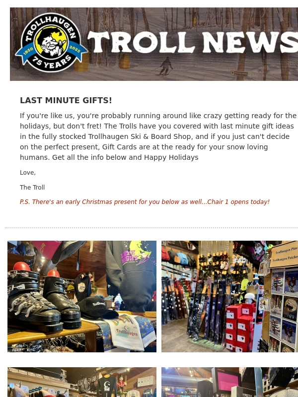 Trollhaugen - LAST MINUTE GIFTS! | Ski Shop Hours,Gift Cards,and Chair 1 Opens TODAY!