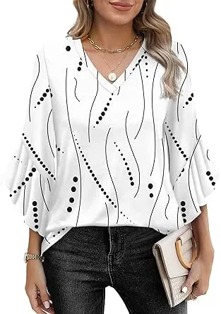 Ofeefan 3/4 Sleeve V Neck Blouse W/Flared Sleeves (Many Colors)