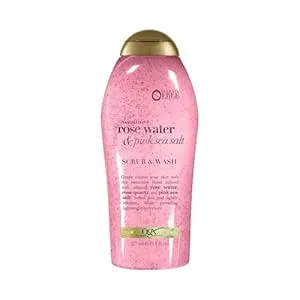 OGX Sensitive + Pink Sea Salt & Rosewater Sulfate-Free Soothing Body Scrub with Healing Rose Quartz, Gentle Exfoliating Daily Body Wash to Soften & Smooth Skin, 19.5 Fl Oz