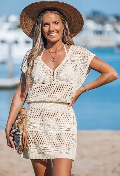 Cupshe V-Neck Short Sleeve Crochet Cover-Up Mini Dress