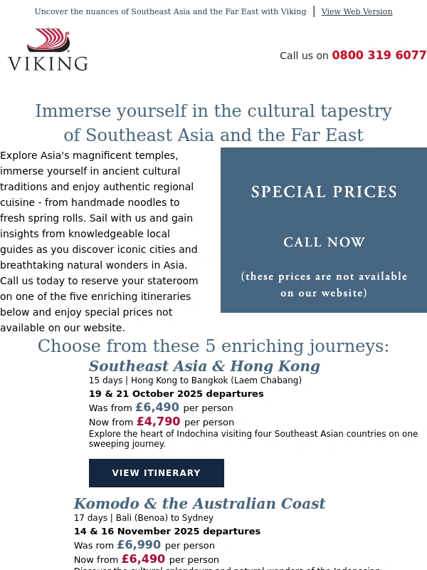 Viking River Cruises - Special prices on five fantastic ocean journeys in Asia