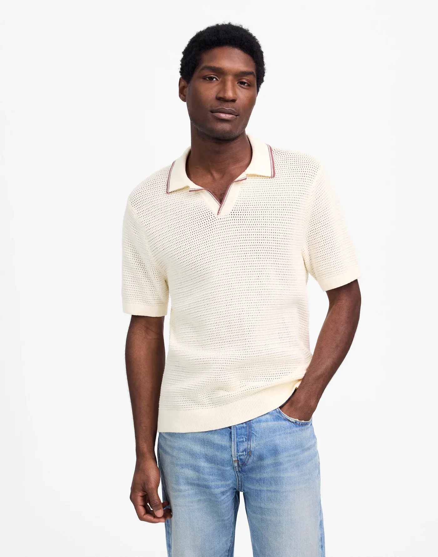 Contrast-Stitch Johnny-Collar Sweater Polo