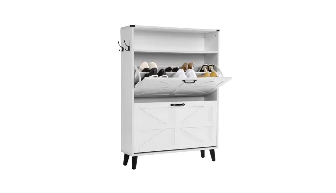 elifine Shoe Storage Cabinet with 2 Flip Drawers, Farmhouse Shoe Cabinet with Open Storage for Entryway, Freestanding Hidden Slim Narrow Shoe Rack Cabinet for Hallway, Closet, Living Room (White)