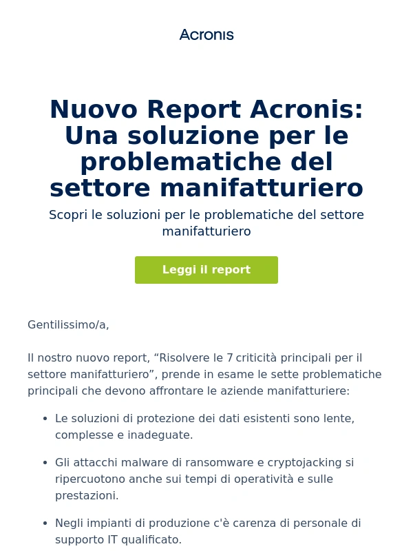 Acronis - Leggi il nostro report su come risolvere le problematiche del settore manifatturiero
