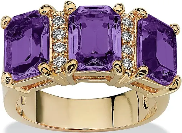 Women's Yellow Gold-Plated Emerald Cut 3 -Stone Simulated Birthstone & CZ Ring by PalmBeach Jewelry