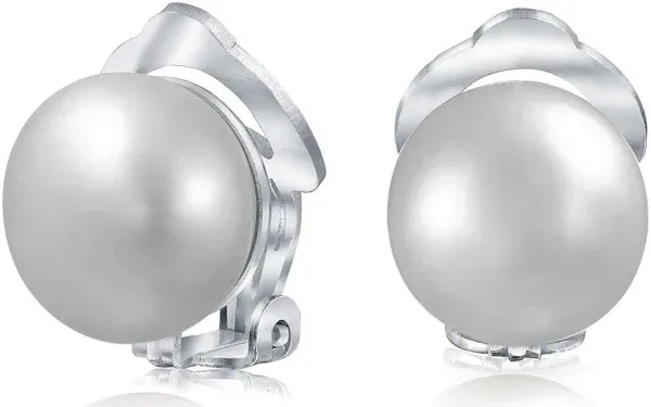 Women Bling Jewelry Button Style Freshwater Cultured Pearl Clip On Ball Stud Earrings Sterling Silver Non Pierced Ears