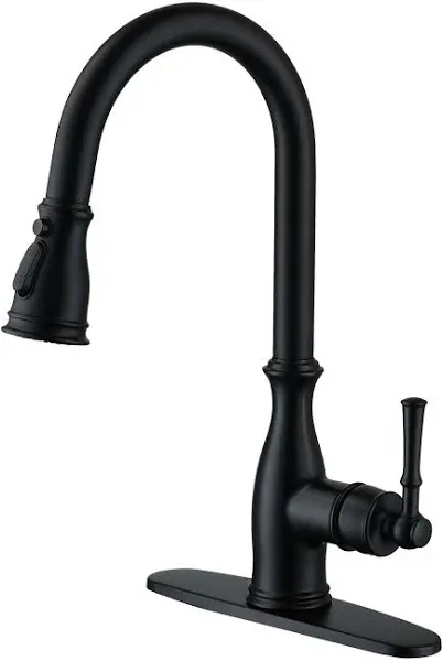 Clihome Matte Black Single Handle Deck-Mount Pull-Down Kitchen Faucet with Sprayer
