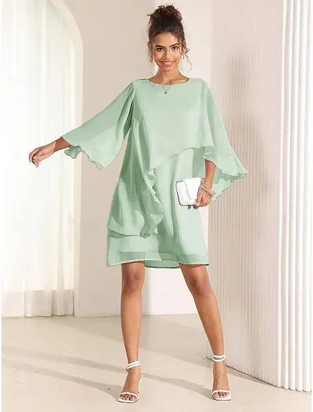 Women's Dress Batwing Sleeve Chic Pastel Pink Round Neck Relaxed Fit Lightweight Casual Summer Fashion Above Knee Length
