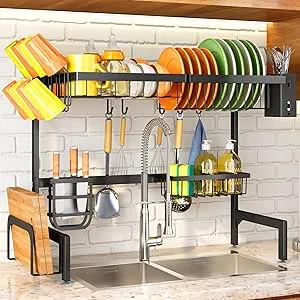 Over The Sink Dish Drainer Drying Rack – Expandable (26.8″ to 34.6″ W) Large Metal Dish Rack for Kitchen Counter, Kitchen Organizer with Adjustable Basket, Utensil Holder and Sponge Holder (Black)