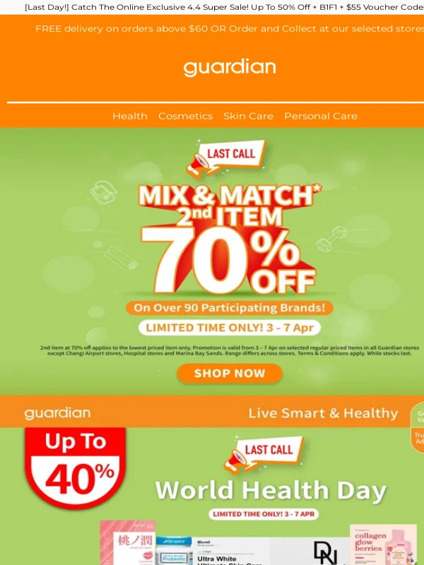 Guardian Singapore - [LAST CHANCE?] Mix & Match On Over 90 Health Brands And Enjoy 2nd Item At 70% + Up To 40% + B1F1!