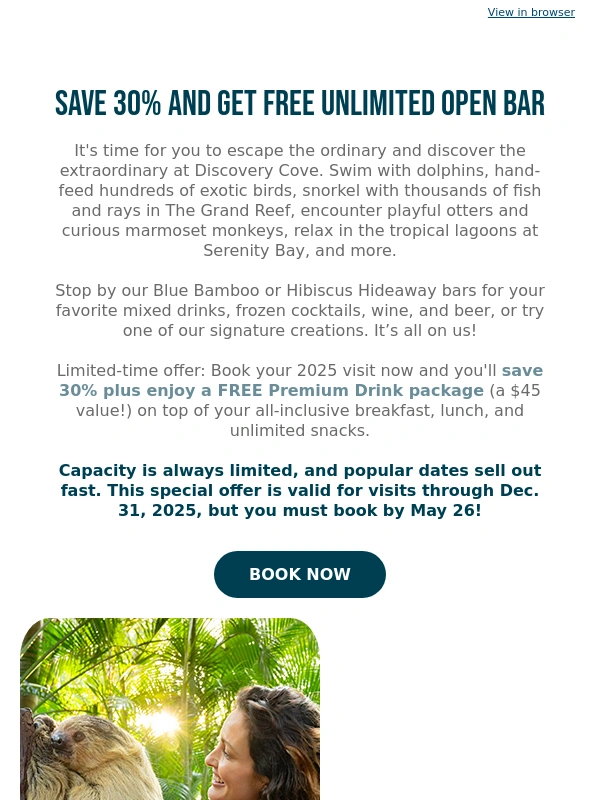 Discovery Cove - You can Now Save 30% + Get Free Open Bar in Paradise!