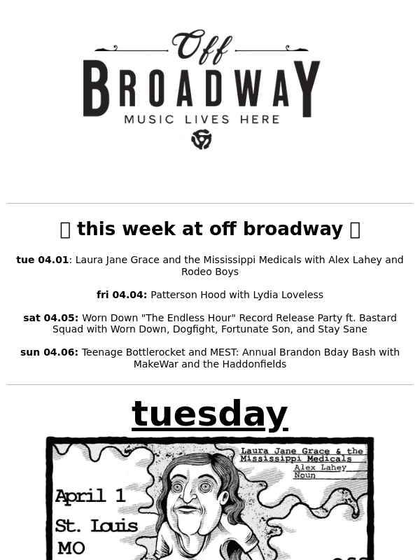 Off Broadway - ?THIS WEEK AT OFF BROADWAY: Laura Jane Grace,Patterson Hood,Bastard Squad,Teenage Bottlerocket + MEST