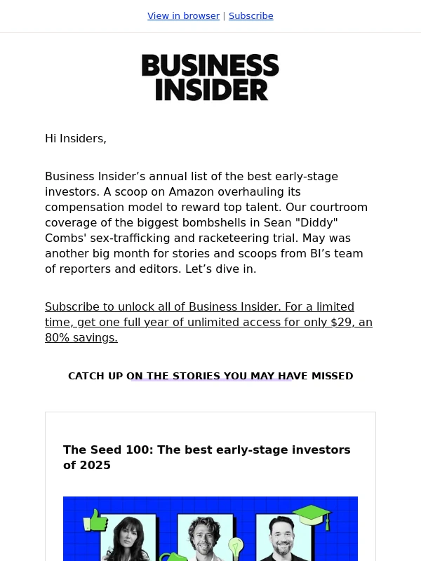 Business Insider - Must-reads: Amazon revamps pay,Diddy trial bombshells,and more