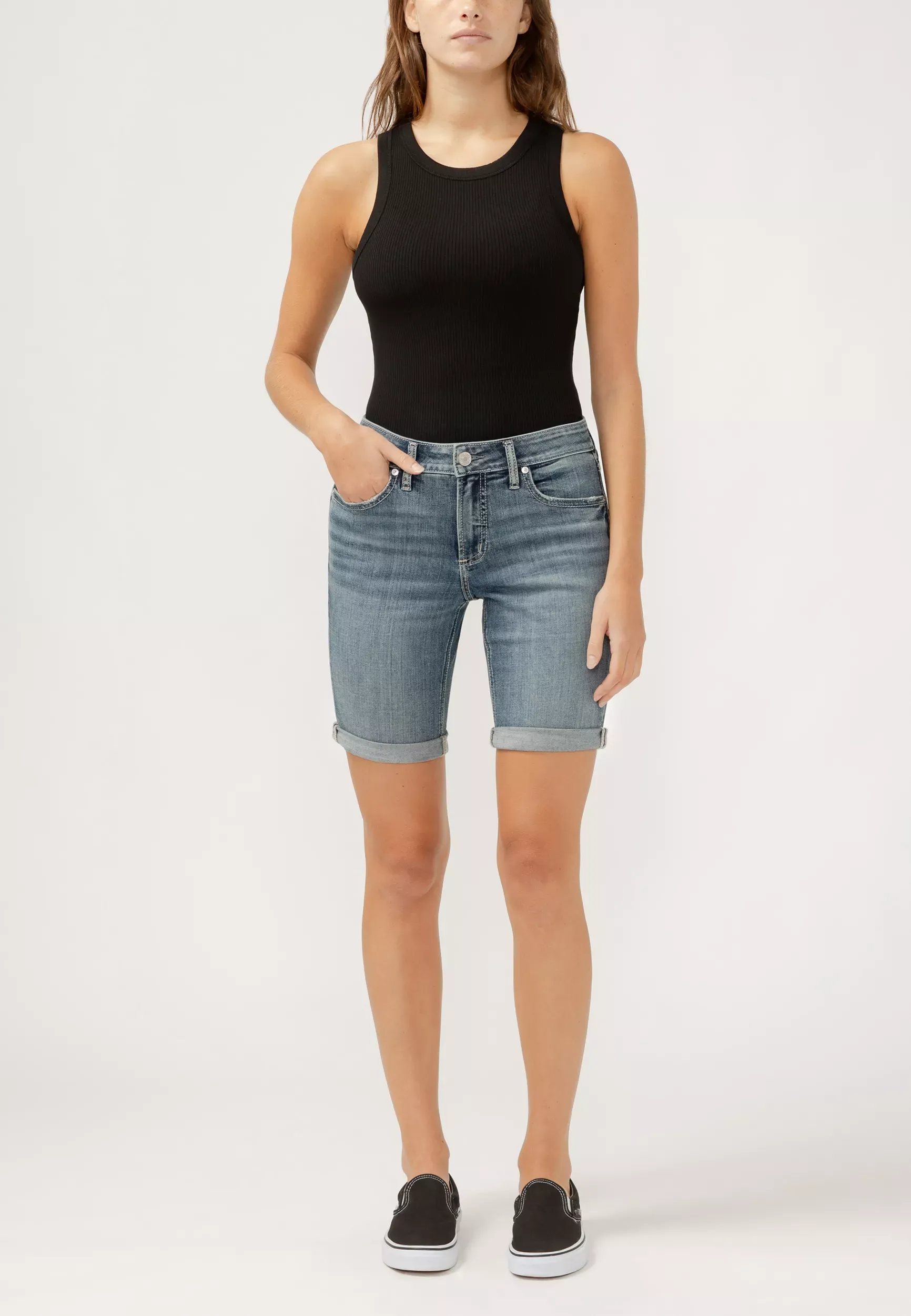 Silver Jeans Co. Silver Jeans Co.® Women's Elyse Mid Rise Luxe Stretch Rolled Hem 9In Bermuda Shorts Blue Denim  - 36