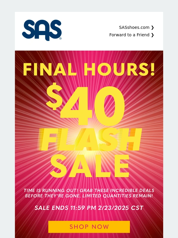SAS Shoes - $40 Flash Sale,Final Hours