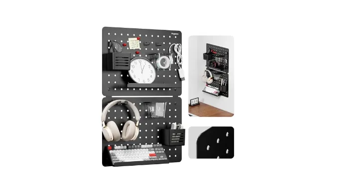 PEGZONE Pegboard Wall Organizer Combination Kit, Overall 25.4″x16.6″ Metal Office Pegboard with 13 Accessories, Wall Mounted Peg board Display Panels for Home, Gaming Room, Garage (2Pcs, Medium,Black)