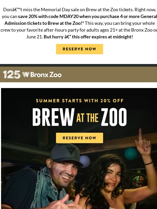 Bronx Zoo - Last chance to save 20% on Brew at the Zoo
