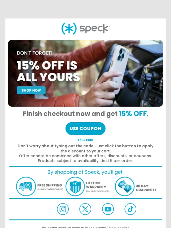 Speck - 15% OFF is itching to be used. ?