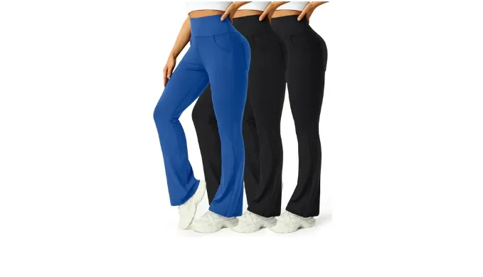Mlenhor 3 Packs Womens High Waist Flare Pants-Flare Yoga PantsYoga Pants with Pockets – High Waist and Wide Leg (US, Alpha, Large, Regular, Regular, 3 Pack-Navy Blue/Black/Black)