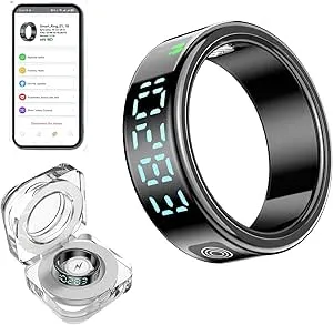 Smart Ring Fitness Tracker – Heart Rate & Blood Oxygen Monitor, Sleep & Activity Tracking, Gesture Control, IP68 Waterproof, Rechargeable Charging Case, No Subscription, for iOS & Android(Black 13)