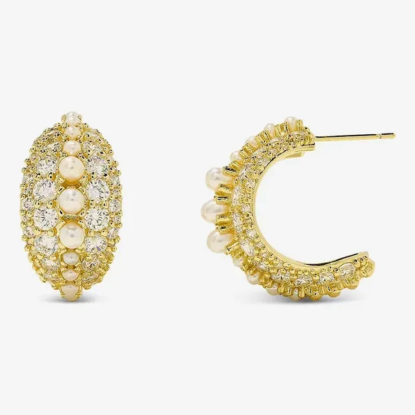 Kendra Scott Krista Cubic Zirconia & Cultured Freshwater Pearl C Hoop Earrings in Gold Tone