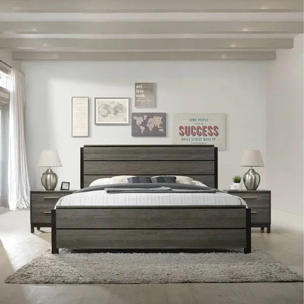Roundhill Furniture Ioana Antique Grey Finish 3-Piece Wood Bed Room Set Size Bed and Two Nightstands T2574p202574