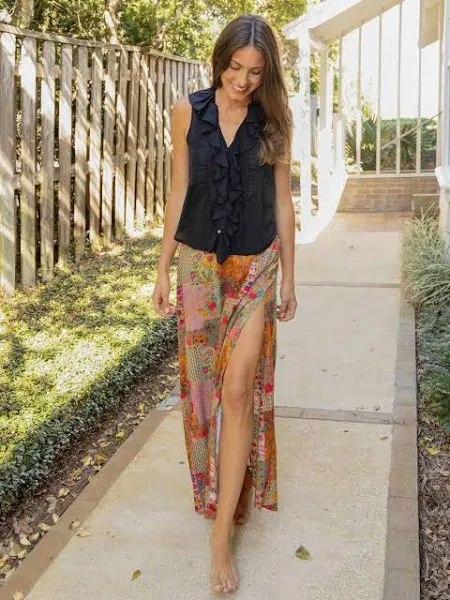 Floral Patchwork Maxi Skirt with Side-Slit