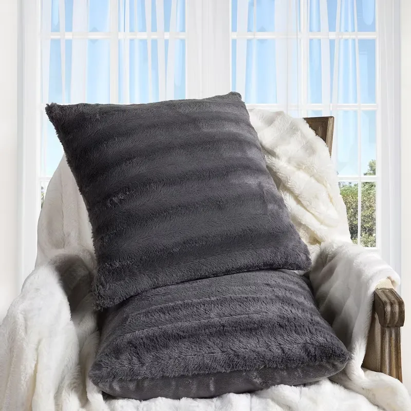 Cheer Collection - Faux Fur Throw Pillows Set of 2, 16" x 16", Gray