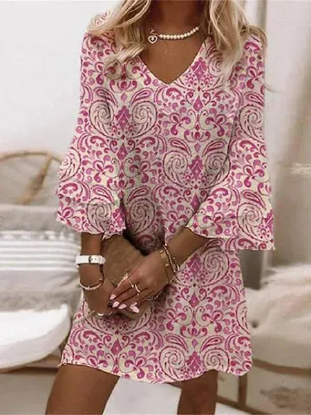 Women's Casual Boho Floral Mini Dress with 3/4 Sleeves