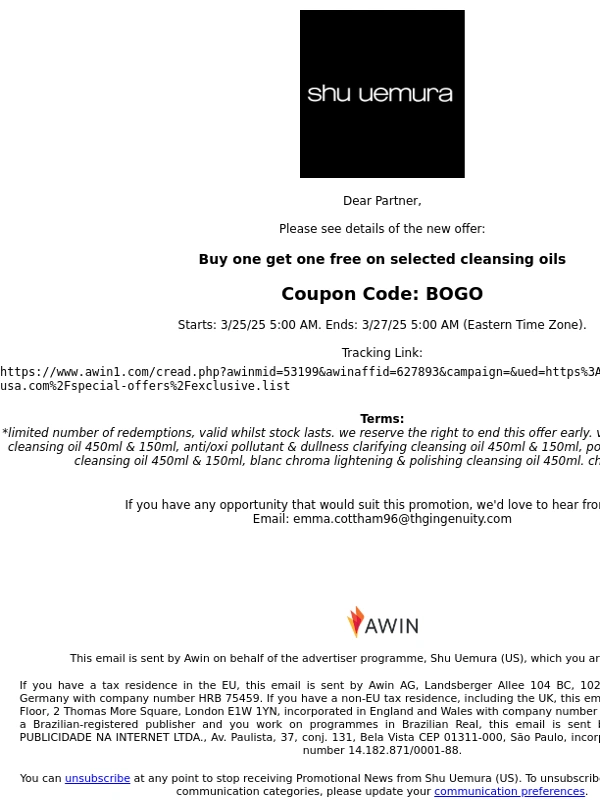 Shu Uemura - Fwd: Shu Uemura (US) (53199): Buy One Get One Free
