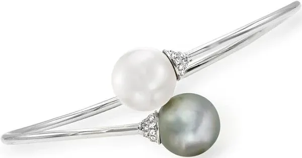 18kt White Gold Cultured Tahitian South Sea Pearl and Diamond Bypass Bangle Bracelet