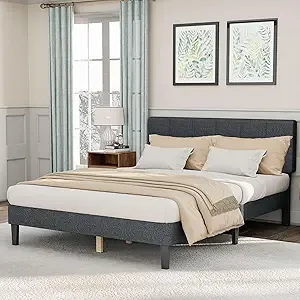 DUMOS Bed Frame with Headboard, Wood Queen Platform Bed No Box Spring Needed, 800LBS Support, Noise Free (Dark Grey, 83"L x 64"W x 45"H)
