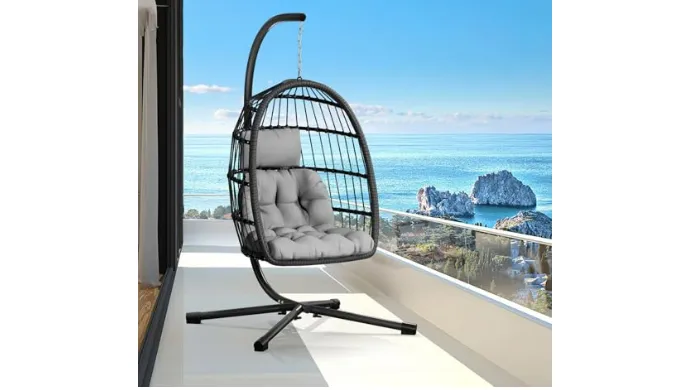 CHABATREE Egg Chair with Stand,Patio Rattan Wicker Hanging Swing Egg Chair Hammock Chair for Bedroom Porch Garden,Thickened Aluminum Alloy Steel Frame and UV Resistant Cushion,350LBS Capacity