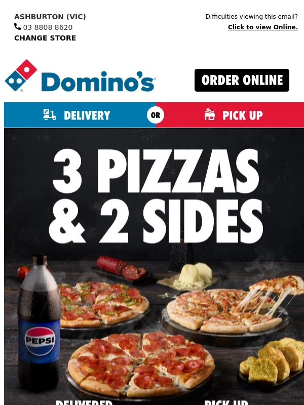 Domino's Pizza - ? Three Pizza Thursday! get 3 Pizzas + 2 Sides From $27!*
