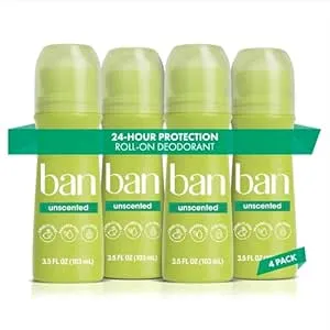 Ban Original Unscented 24-hour Invisible Antiperspirant, 3.5oz Roll-on Deodorant, 4-pack, Underarm Wetness Protection, with Odor-fighting Ingredients
