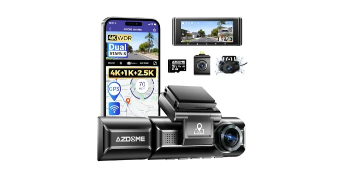 AZDOME M550 Max 4K 3 Channel Dash Cam, Dual STARVIS Sensors, 4K+2.5K+1080P Front and Rear Inside Triple Car Camera, Built-in WiFi GPS, 64GB Card Included, IR Night Vision, WDR, 24H Parking Mode