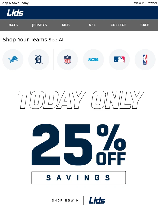 Lids - TODAY ONLY: 25% Off Lions Gear