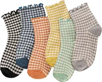 GGSTDDUP 6 Pairs Women Ruffle Socks Striped Frilly Socks, Women Cute Socks Checkered Socks Ankle Socks for Women Cotton Knit Casual Crew Socks Size 5-9