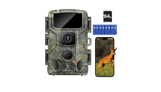 KJK Trail Camera,WiFi Trail Cam 4K 64MP Game Camera 64GB Memory Card 8 Batteries with Night Vision, IP67 Waterproof, 0.05s Trigger Speed and130°Wide-Angle 45pcs Infrared LEDs for Wildlife Monitoring